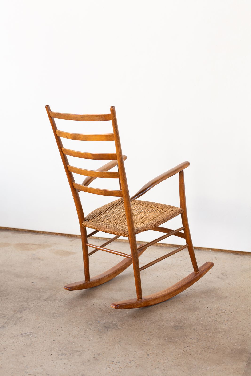 Italian Beechwood Rocking Chair With Finely Woven Rope Seat, C1950 photo for sale