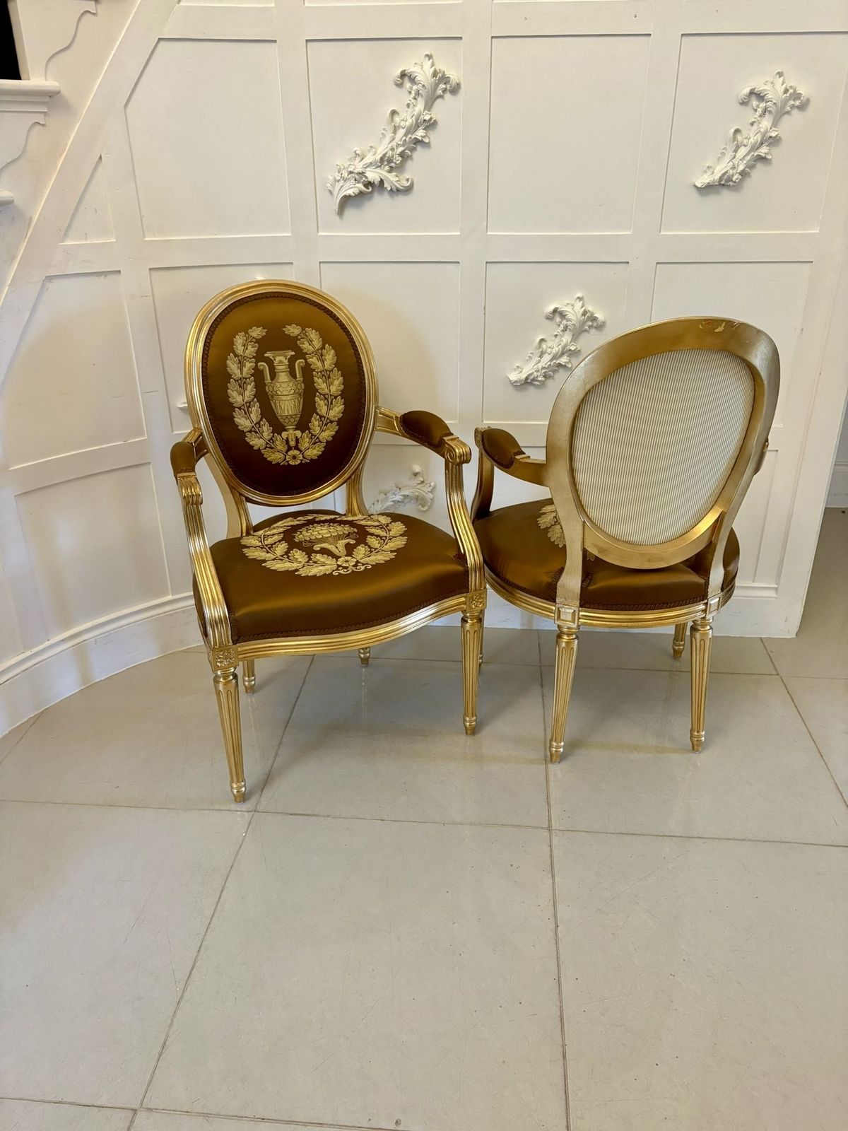 Large Rare Suite Of 42 Matching Louis XVI Style Giltwood Dining Chairs With Silk Damask Upholstery photo vinterior