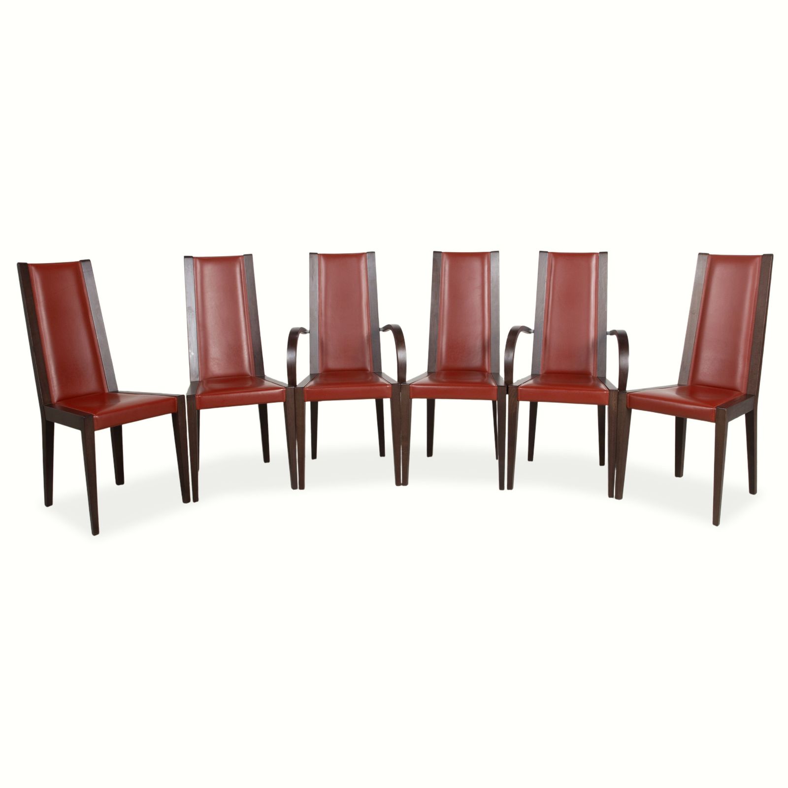 Set van 6 Roche Bobois stoelen, leer, rood/bruin, hout, eetkamer