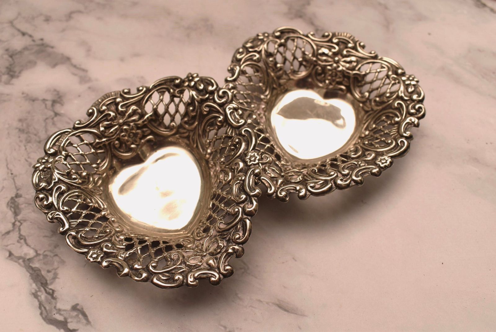 Pair Of Silver Victorian Dishes   Stunning Heart Shaped 1897 Henry Matthews Bon Bon Trays photo for sale