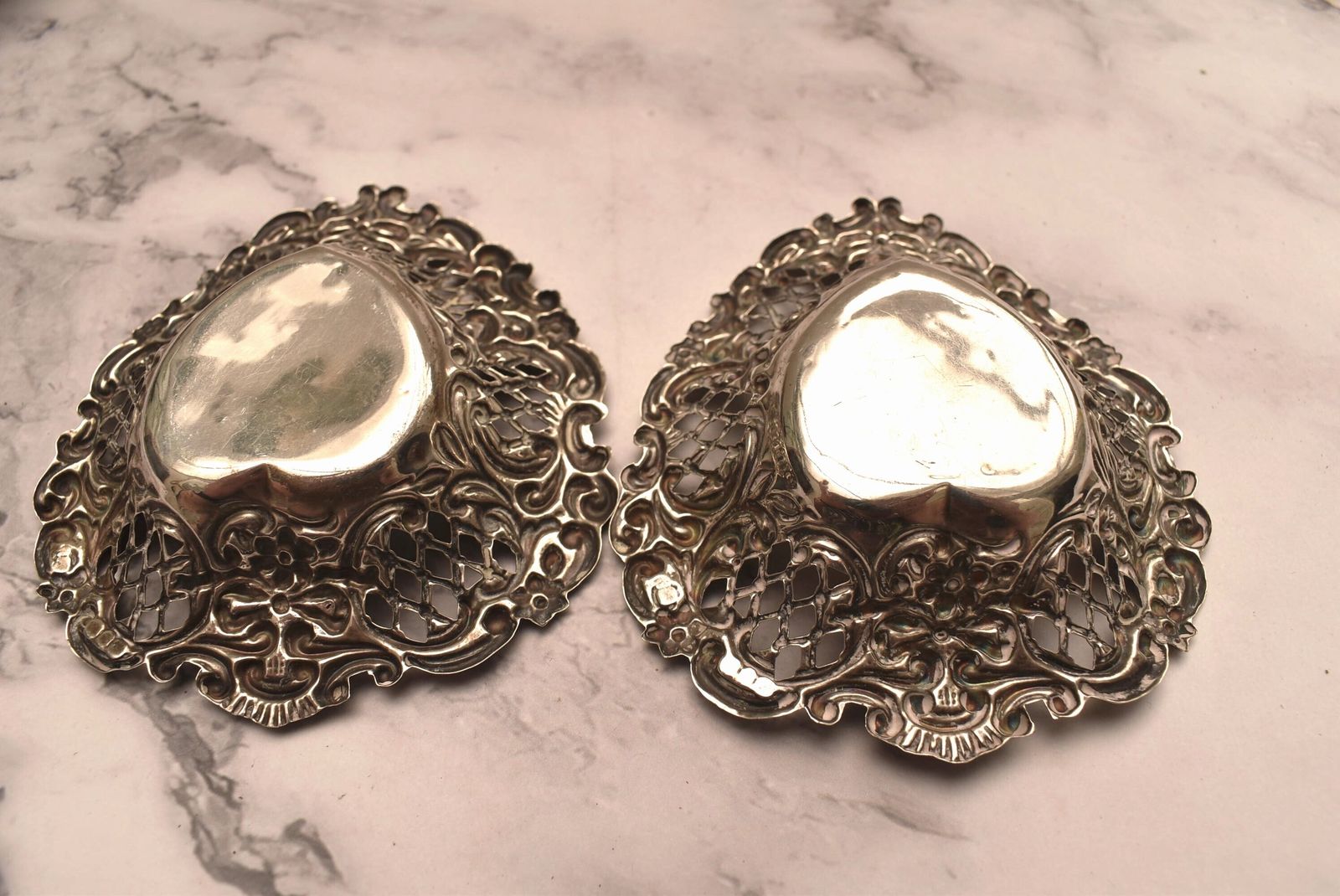 photo for sale Pair Of Silver Victorian Dishes   Stunning Heart Shaped 1897 Henry Matthews Bon Bon Trays