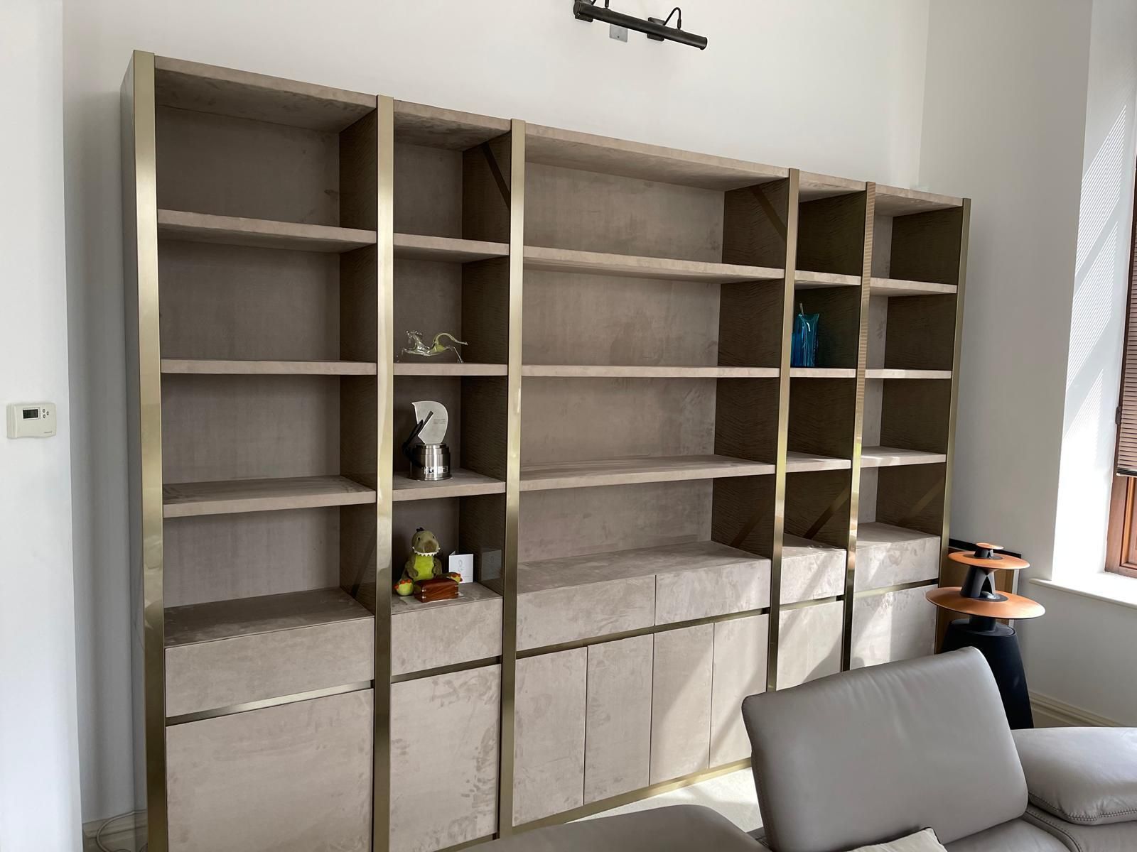 Visionnaire “Gaynor” Bookcase/Storage Unit In Champagne Steel And Leather photo Furniture