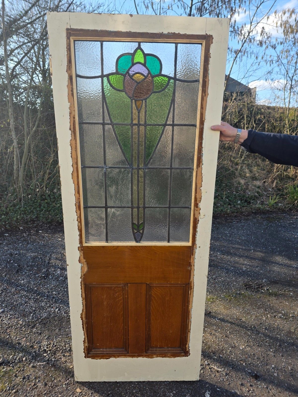 Antique 1920s Leaded Glass Internal Door With Rose Design