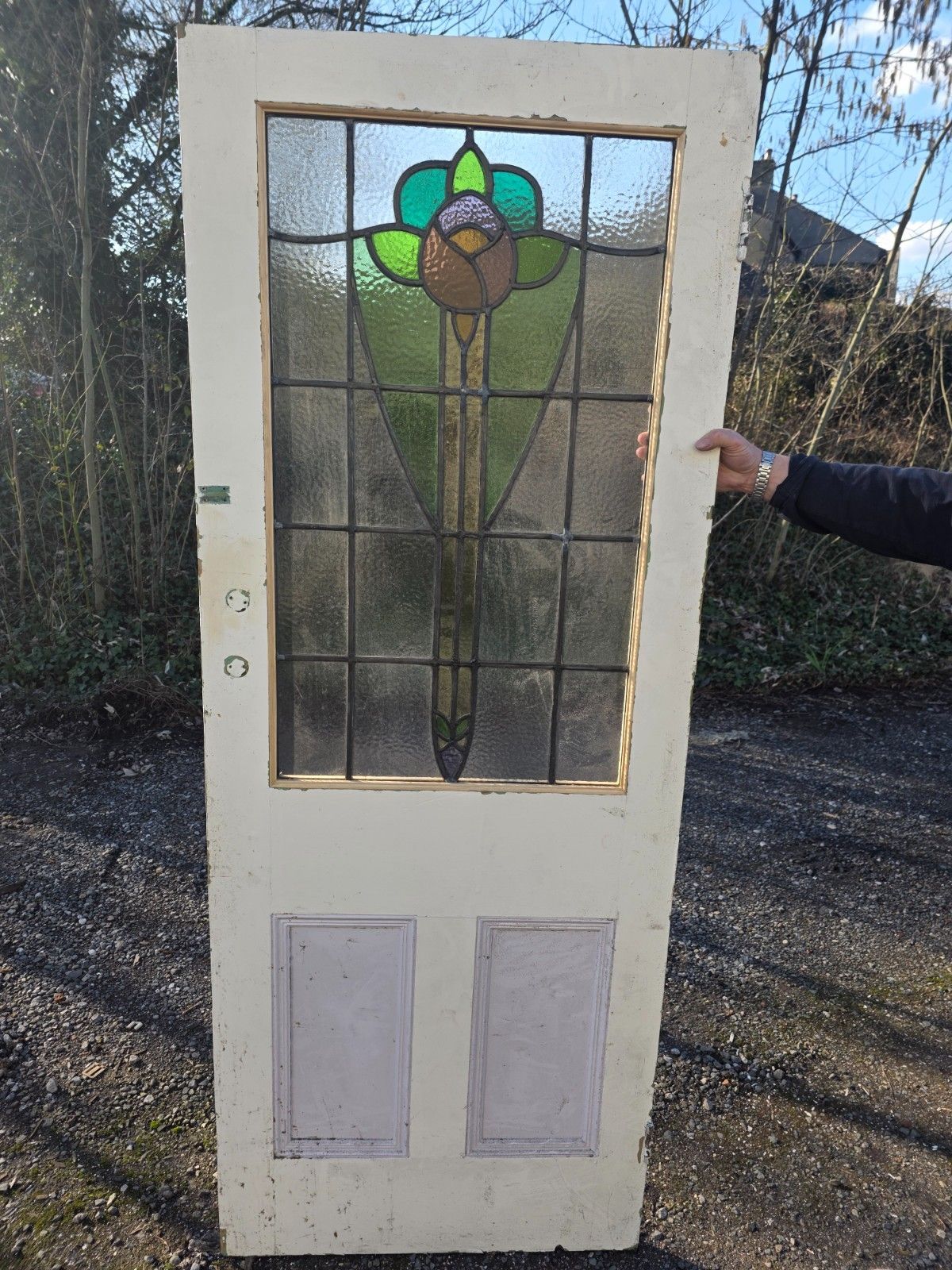 Antique 1920s Leaded Glass Internal Door With Rose Design photo 600.0