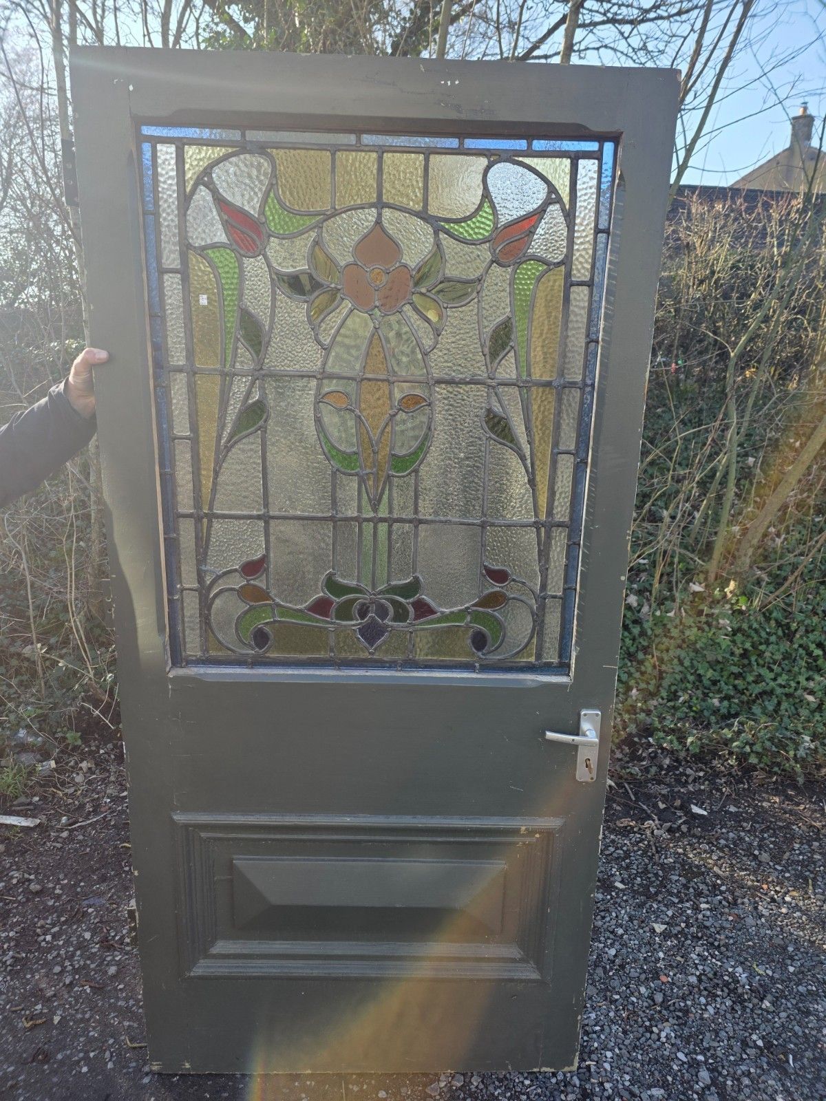 Antique 1900s Solid Door With Leaded Glass Art Nouveau Style