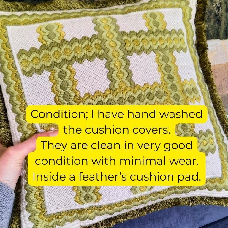 Mid Century Scandinavian Green Geometric Needlepoint Cushion Velvet Back C 1970's. photo for sale