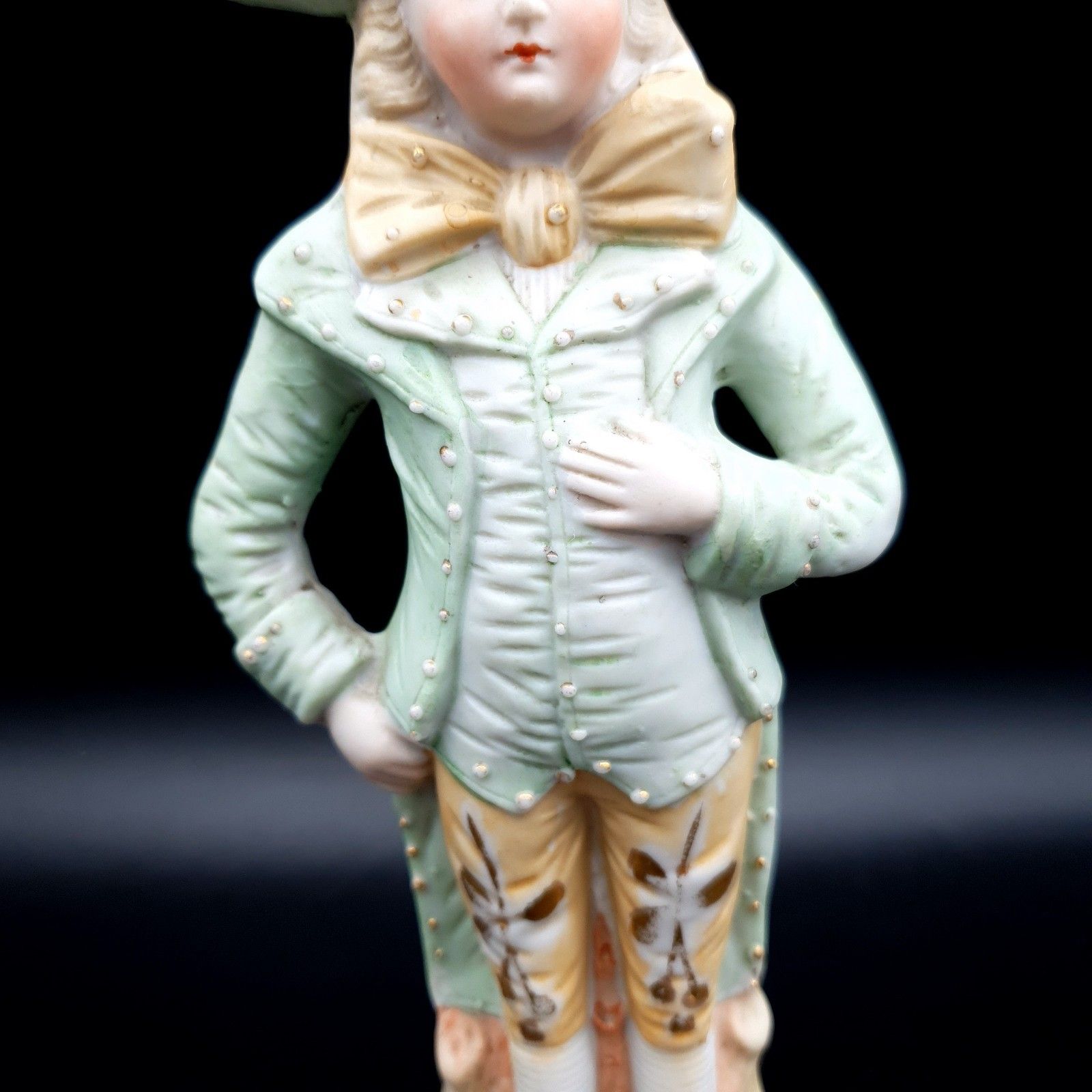 photo vintage Antique Bisque Figurine Lady & Man Matte Marked Green Gold Continental German?