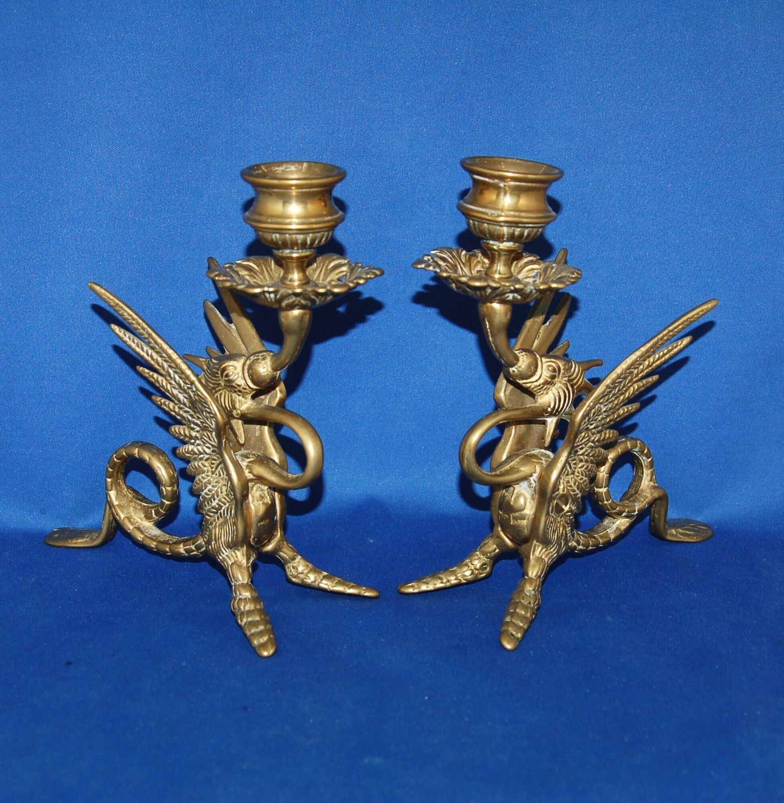 A Pair Of Brass Gryphon , Dragon, Medieval Gothic Beast Candlestick, Good Detail photo furniture