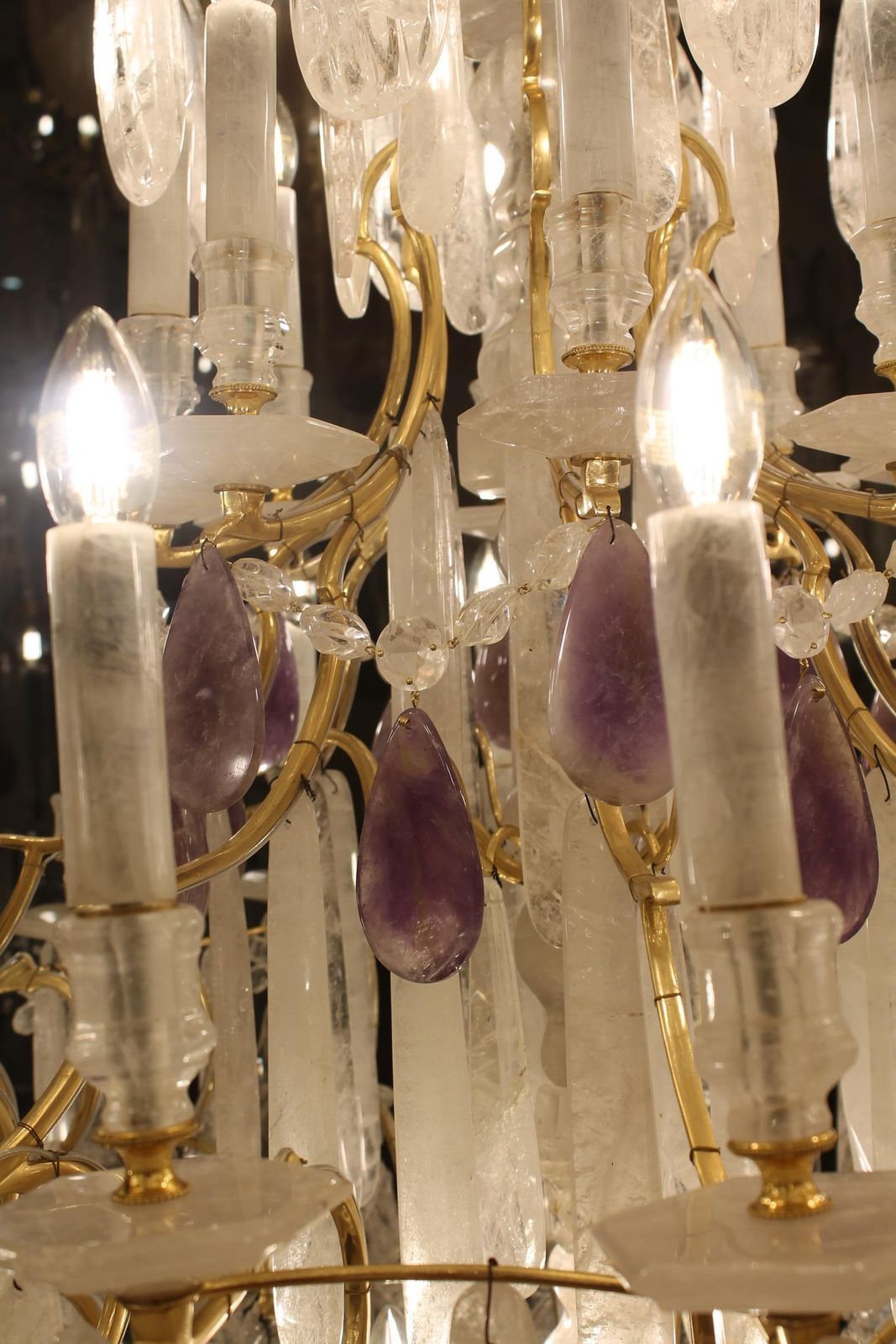 photo vintage Beautiful French Bronze And Rock Crystal Pair Chandeliers And Amethyst