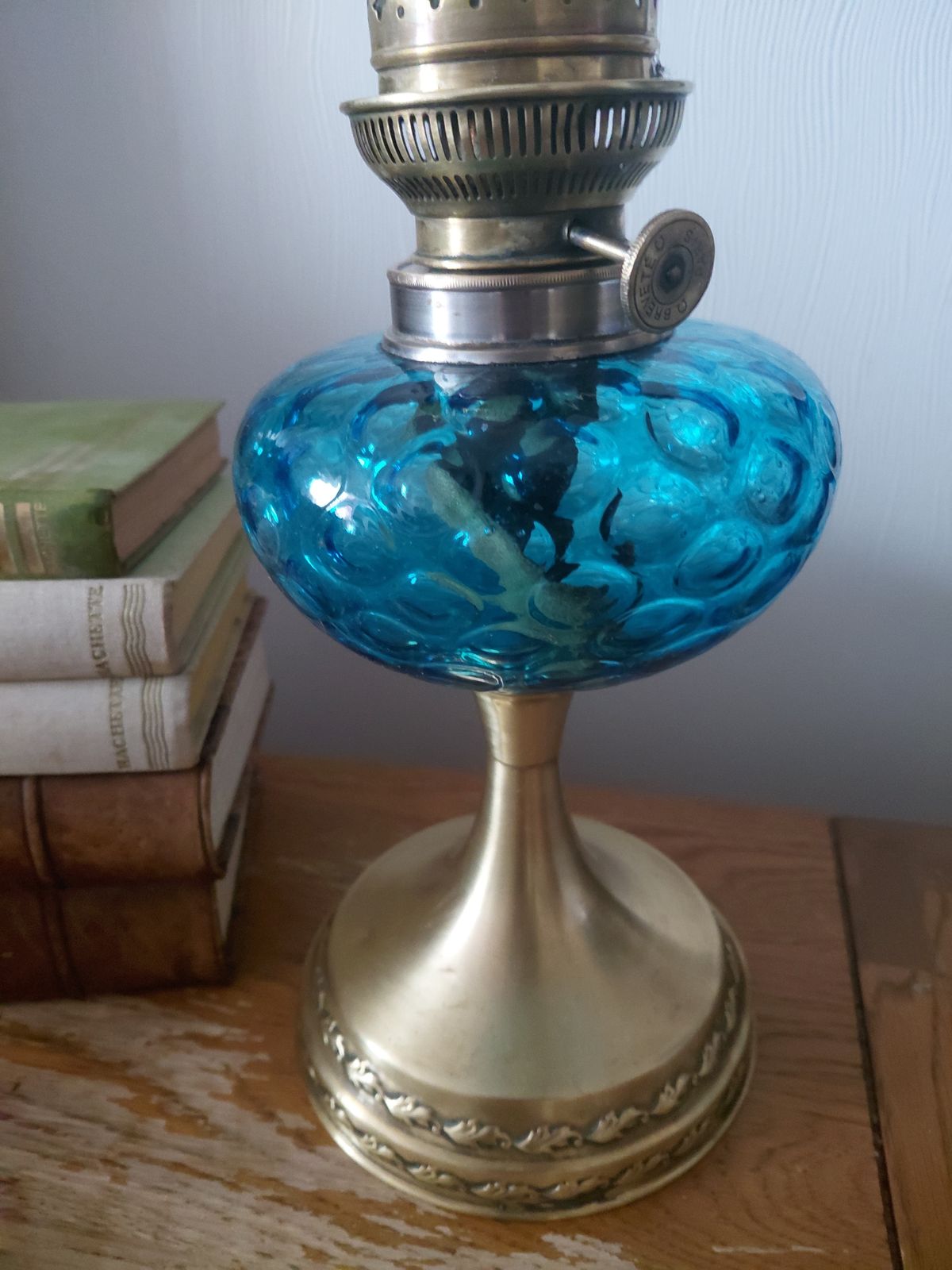 Vintage French Blue Glass Oil Lamp With Wick ~ Working photo furniture