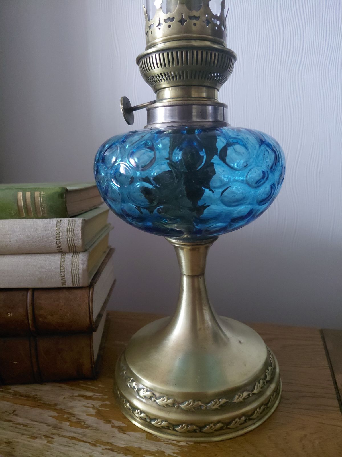 Vintage French Blue Glass Oil Lamp With Wick ~ Working photo 100.0