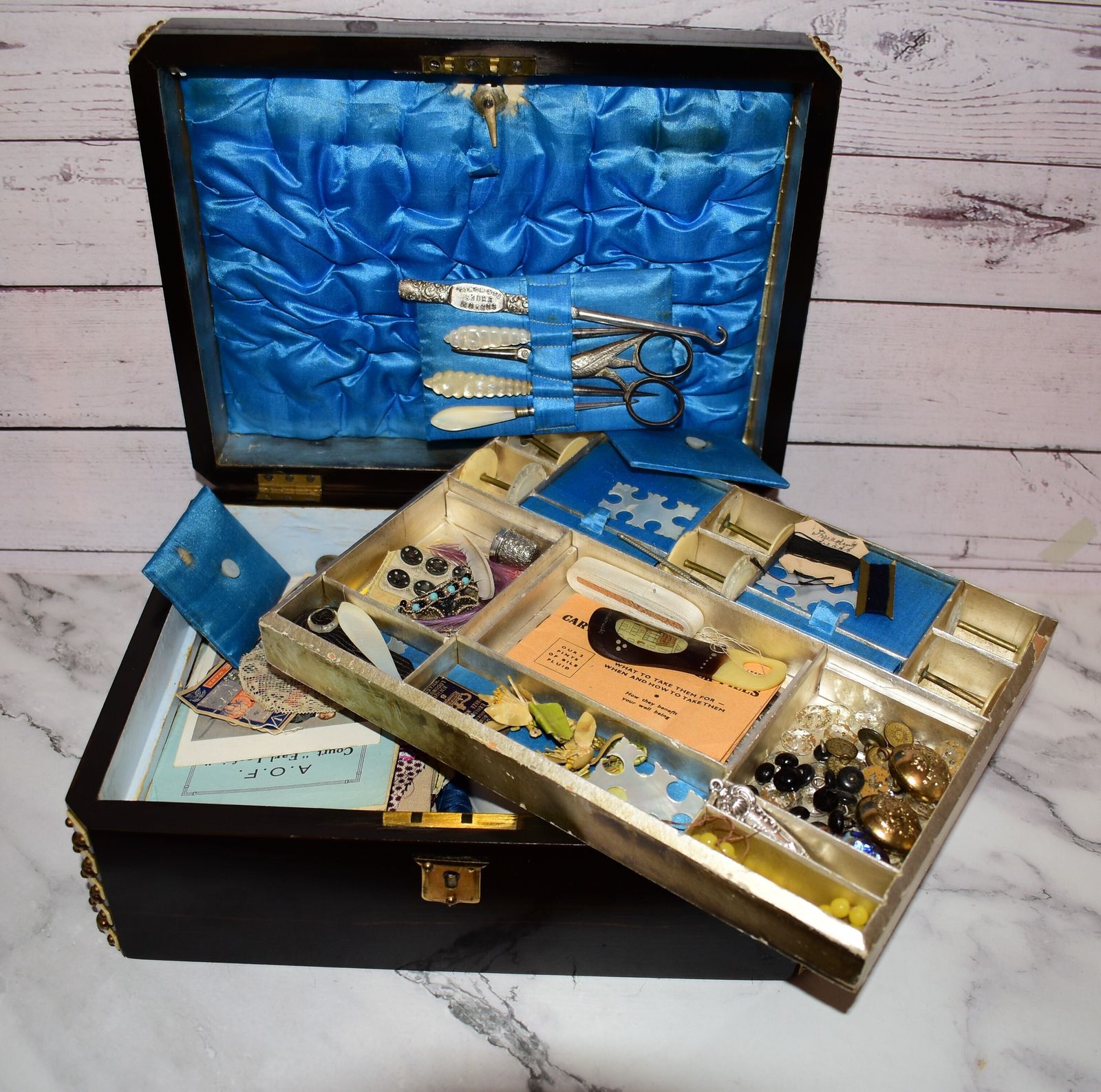 Victorian Lady's Sewing Workbox Full Of Original Contents Including Rare Set Of Mother Of Pearl Spools