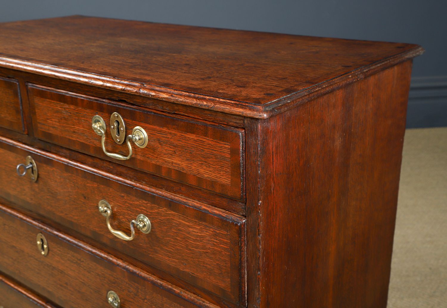 Furniture Small Antique English Oak & Mahogany Cross Banded Bachelor’s Chest Of Drawers (Circa 1780) photo