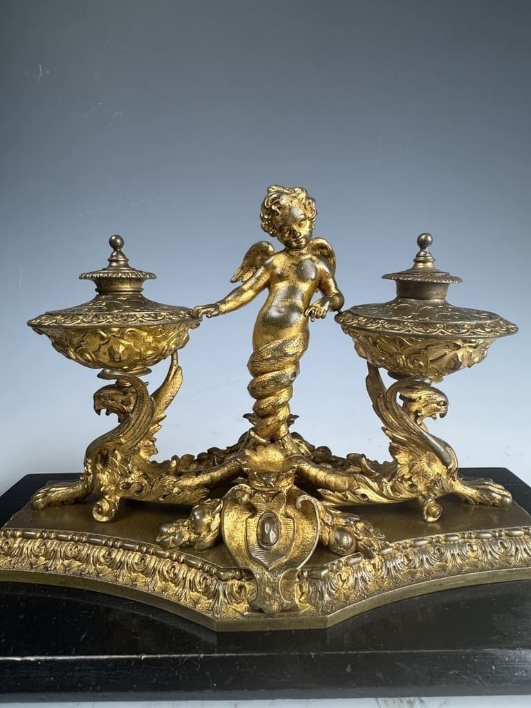 Antique Gilt Bronze & Ebony Inkstand – 19th Century Desk Accessory photo furniture