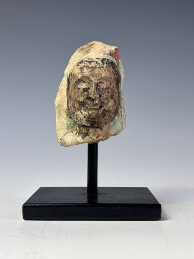 Antique Fragment Of A Polychrome Painted Chinese Buddha Head