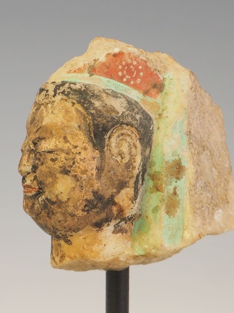 Antique Fragment Of A Polychrome Painted Chinese Buddha Head photo buy