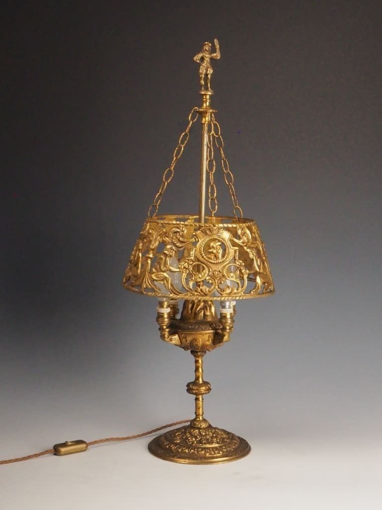 Antique 19th Century Dutch Bouillotte Style Table Lamp With Suspended Shade