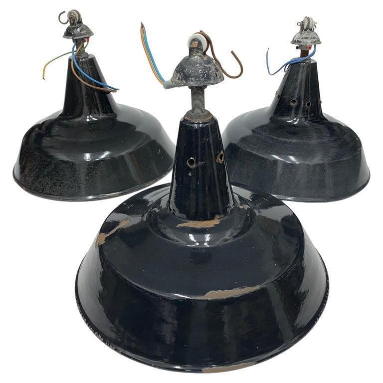 1930s Set Of Three Industrial Black Painted Metal Italian Pendants photo furniture