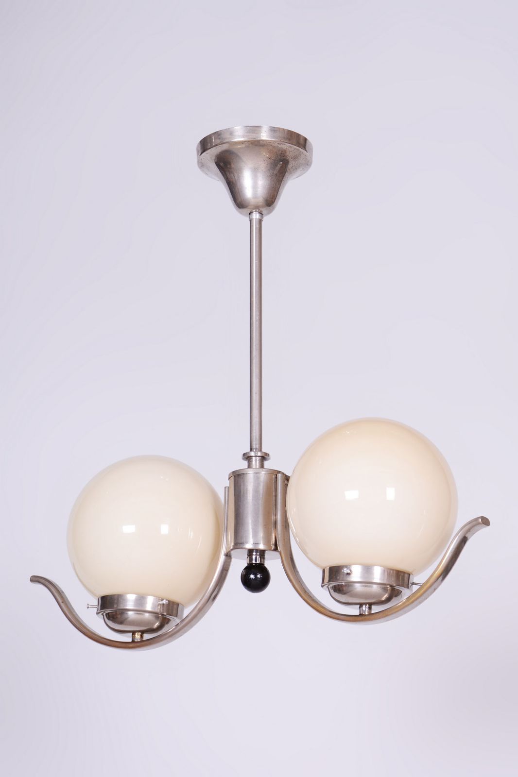 Restored Bauhaus Chandelier, Chrome Plated Steel, Opaline Glass, Czech, 1930s photo furniture