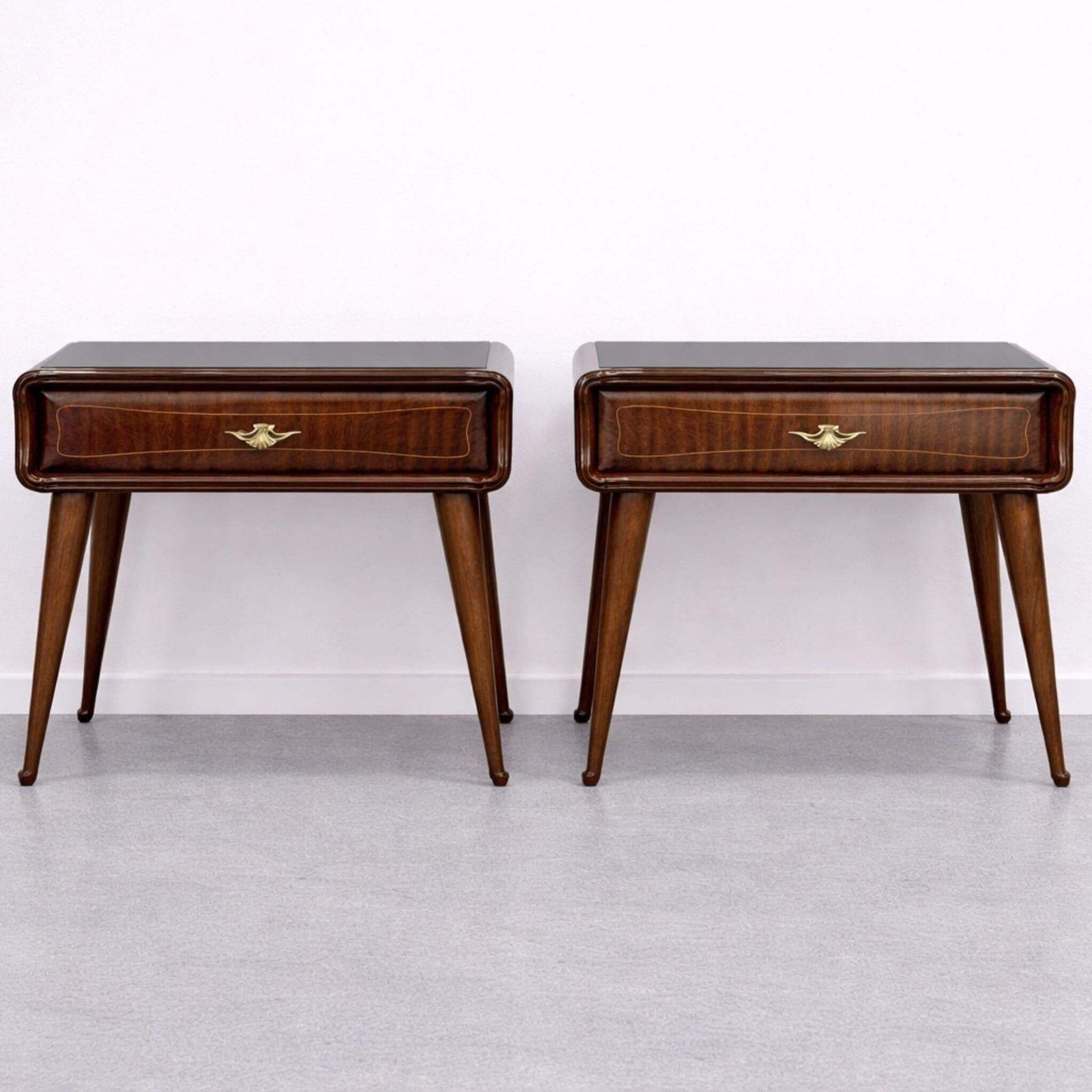 1960s Italian Mid Century Modern Cherry Nightstands Bedside Tables Brass Glass photo for sale