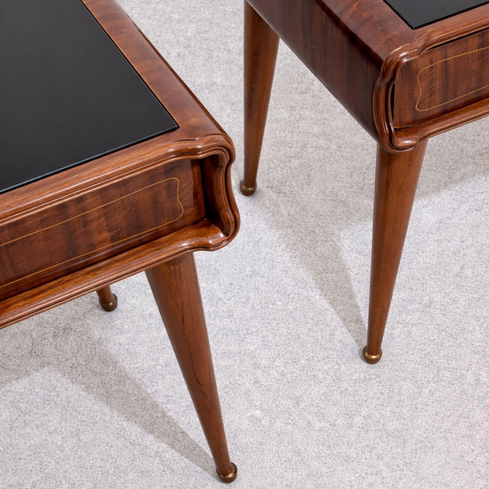 1960s Italian Mid Century Modern Cherry Nightstands Bedside Tables Brass Glass photo vinterior