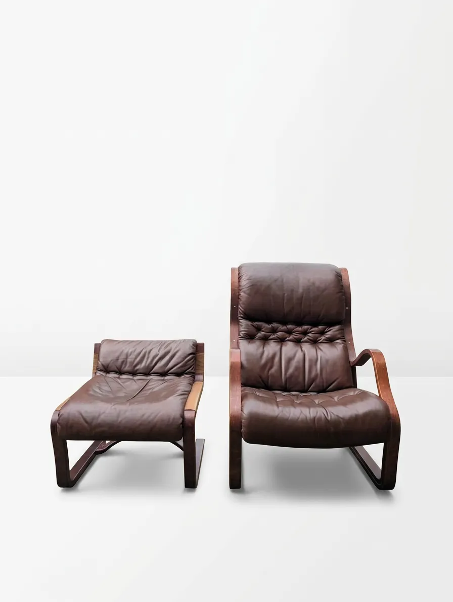 Esko Pajamies For Asko ‘Koivutaru’ Brown Leather  Loungechair & Ottoman, 1970s photo furniture