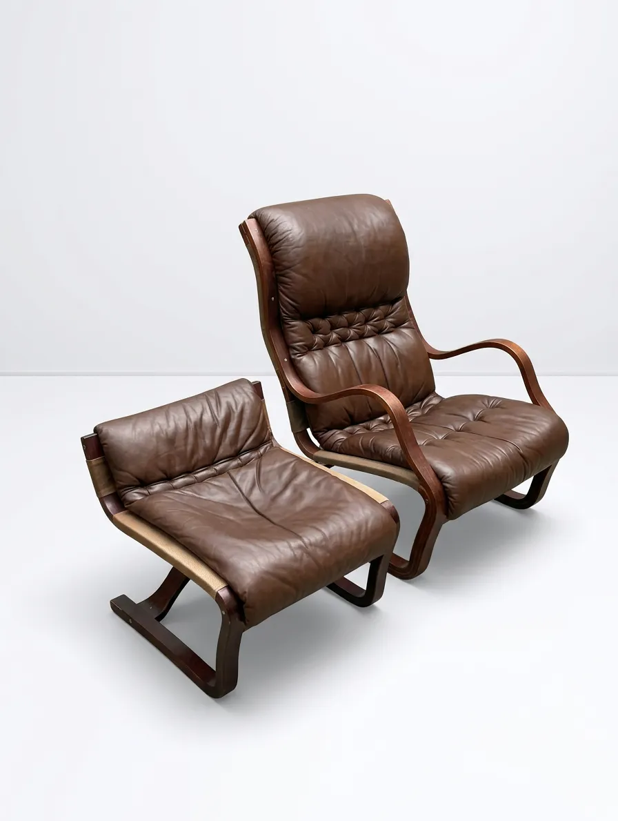 Esko Pajamies For Asko ‘Koivutaru’ Brown Leather  Loungechair & Ottoman, 1970s photo buy
