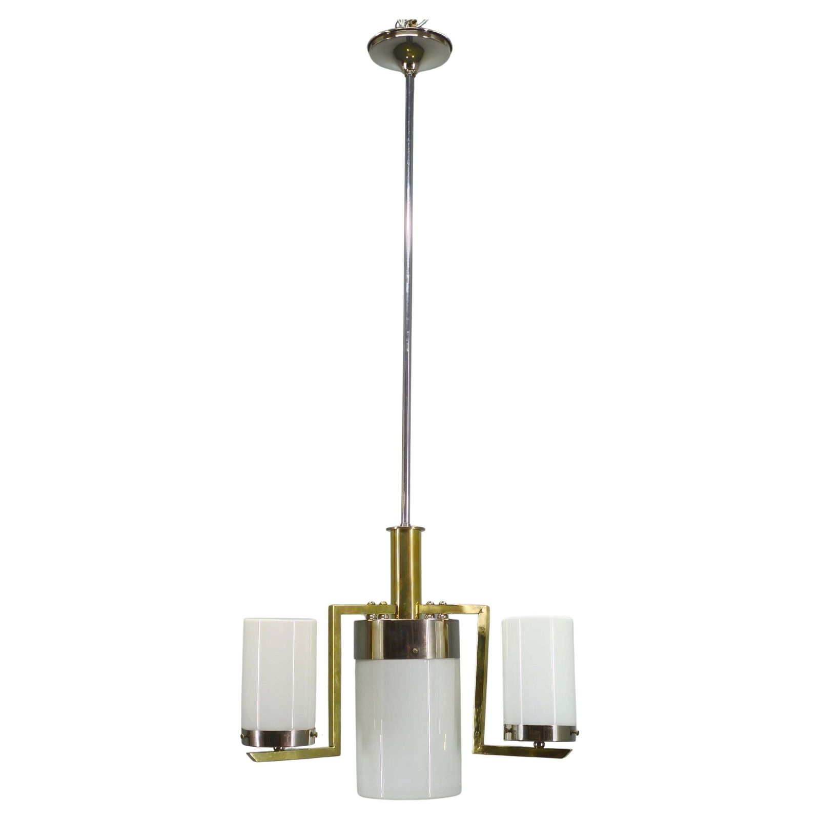 Czechoslovak Art Deco Brass And Chrome Chandelier With Opaline Glass, 1930s