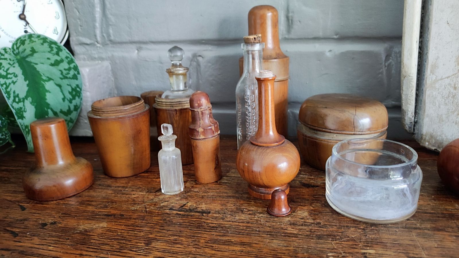 photo buy Antique French Medicine Boxwood Treen Containers Bottle Case Set