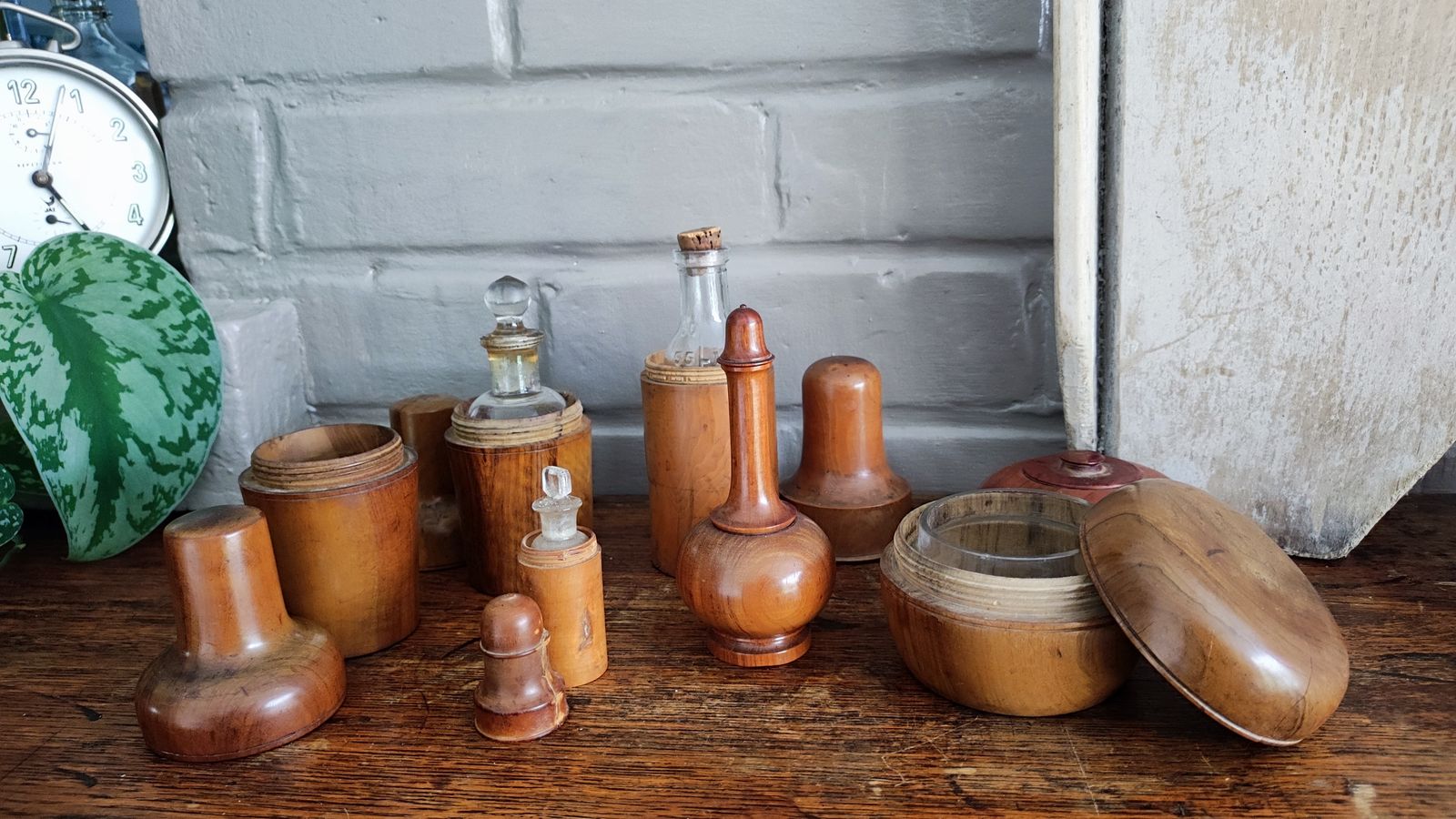 Antique French Medicine Boxwood Treen Containers Bottle Case Set
