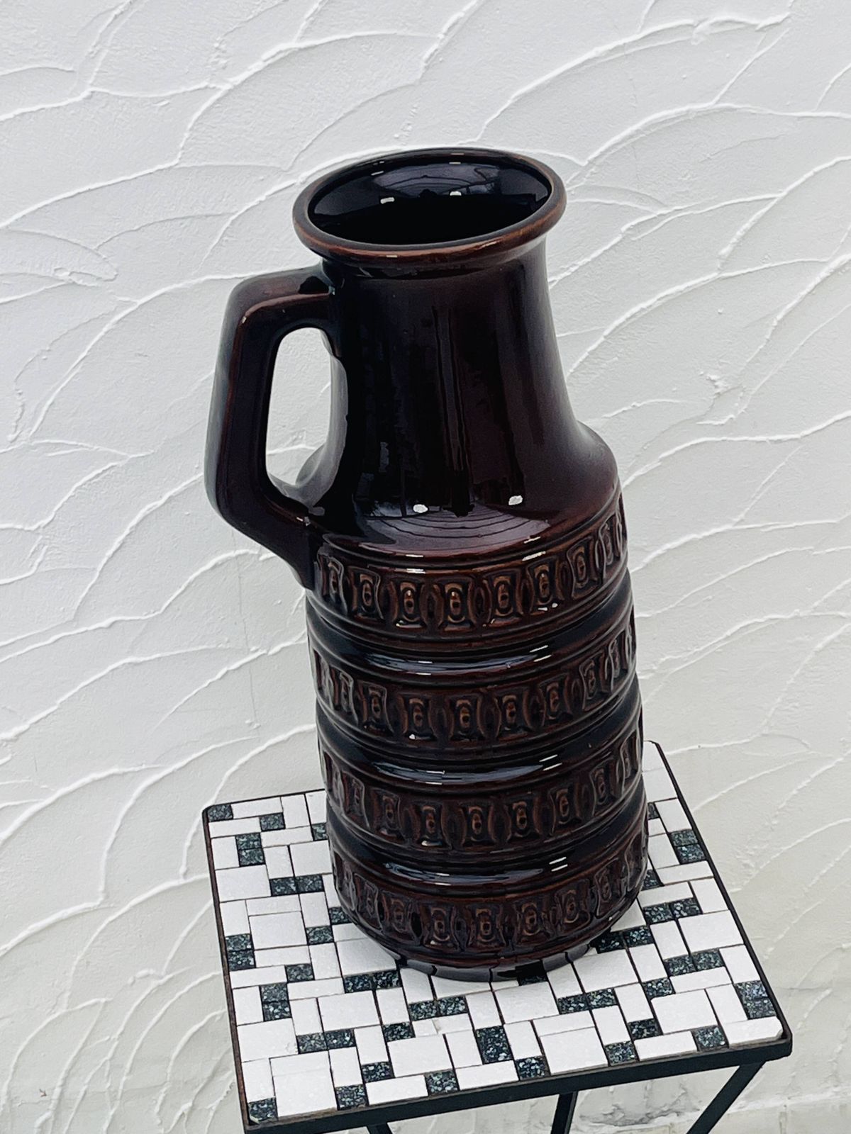 Brown Vase With Geometric Relief From The 1970s, West Germany photo for sale