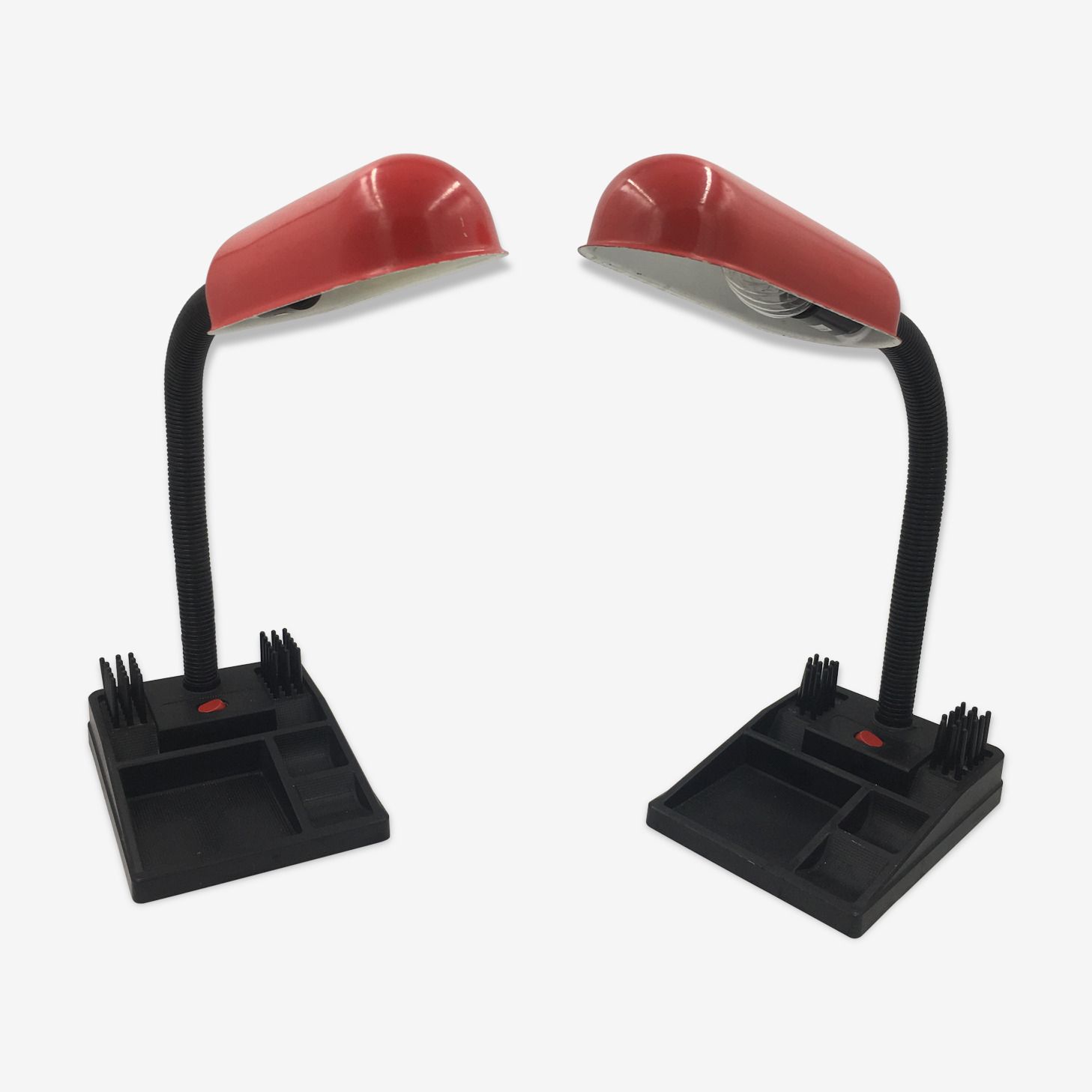 Duo Of Red And Black Flexible Desk Lamps With Pencil Holder