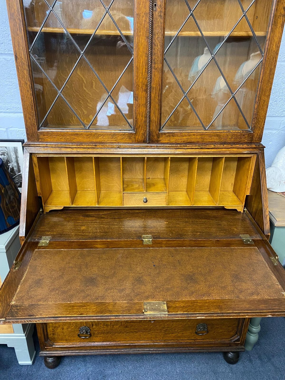 Edwardian Antique Oak Bureau Glazed Bookcase photo Furniture