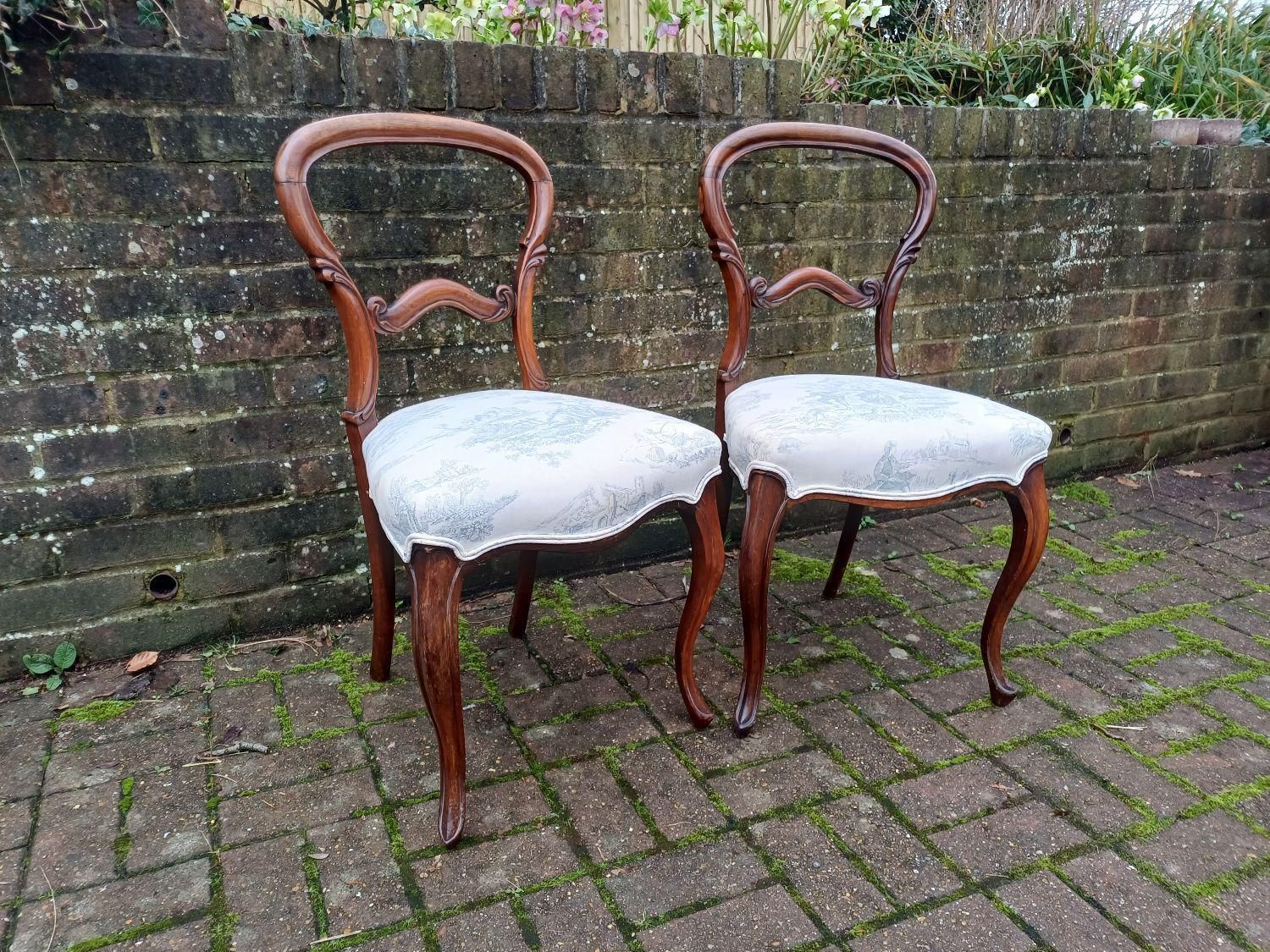 Top Quality Pair Antique Rosewood Balloon Back Dining Chairs Victorian Style Upholstered Toile Seats Occasional Vintage photo for sale