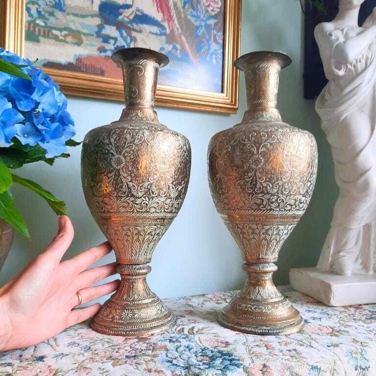 Large Pair Of Truly Antique Indian Brass Vases With Figural And Floral Hand Engraved Decoration 14.5'' Tall Vintis      5 Out Of 5 Stars     Dispatche