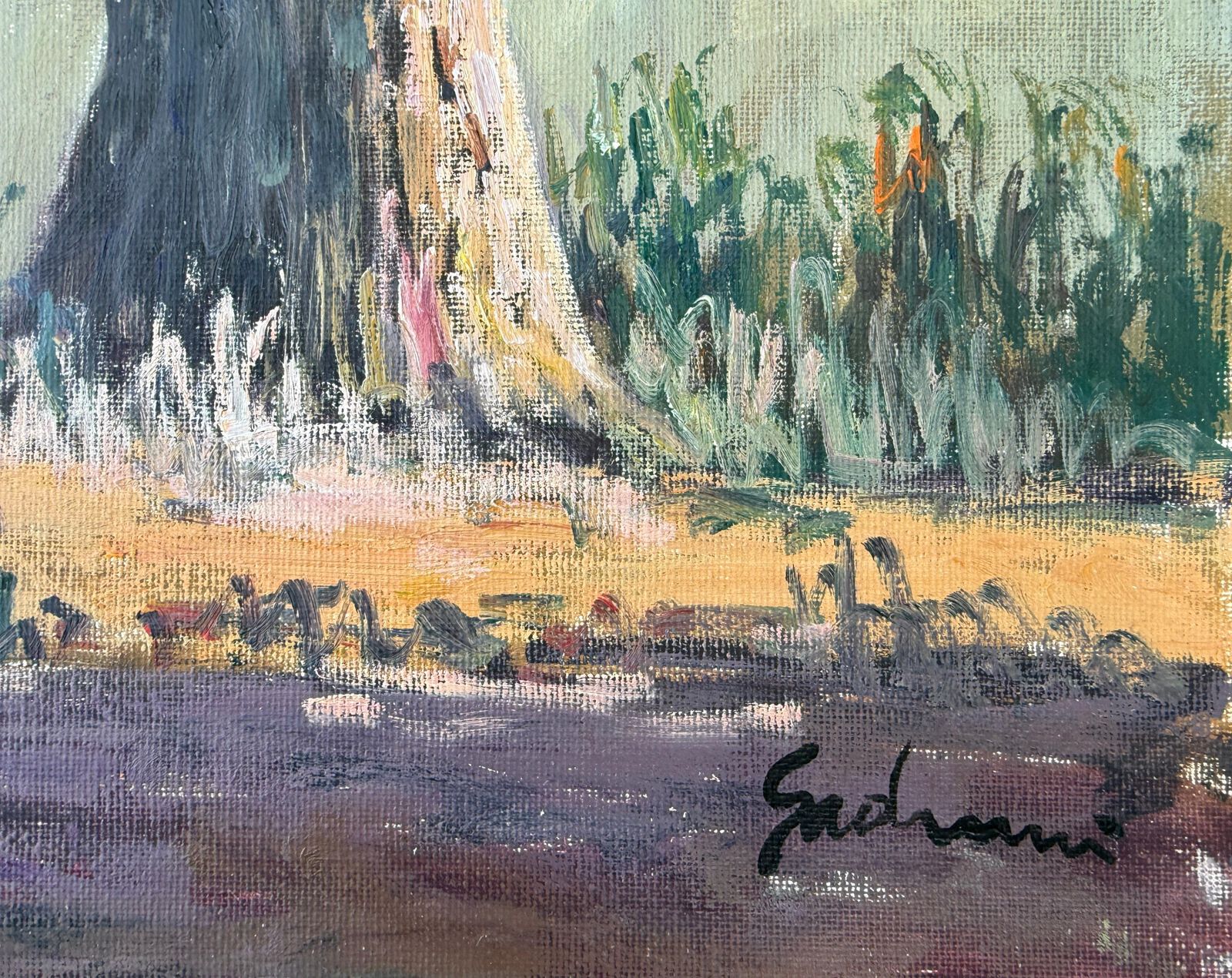 Antoni Sadurni Impressionist Lakeside Landscape With Figures Catalan School Oil Painting 1980 photo furniture