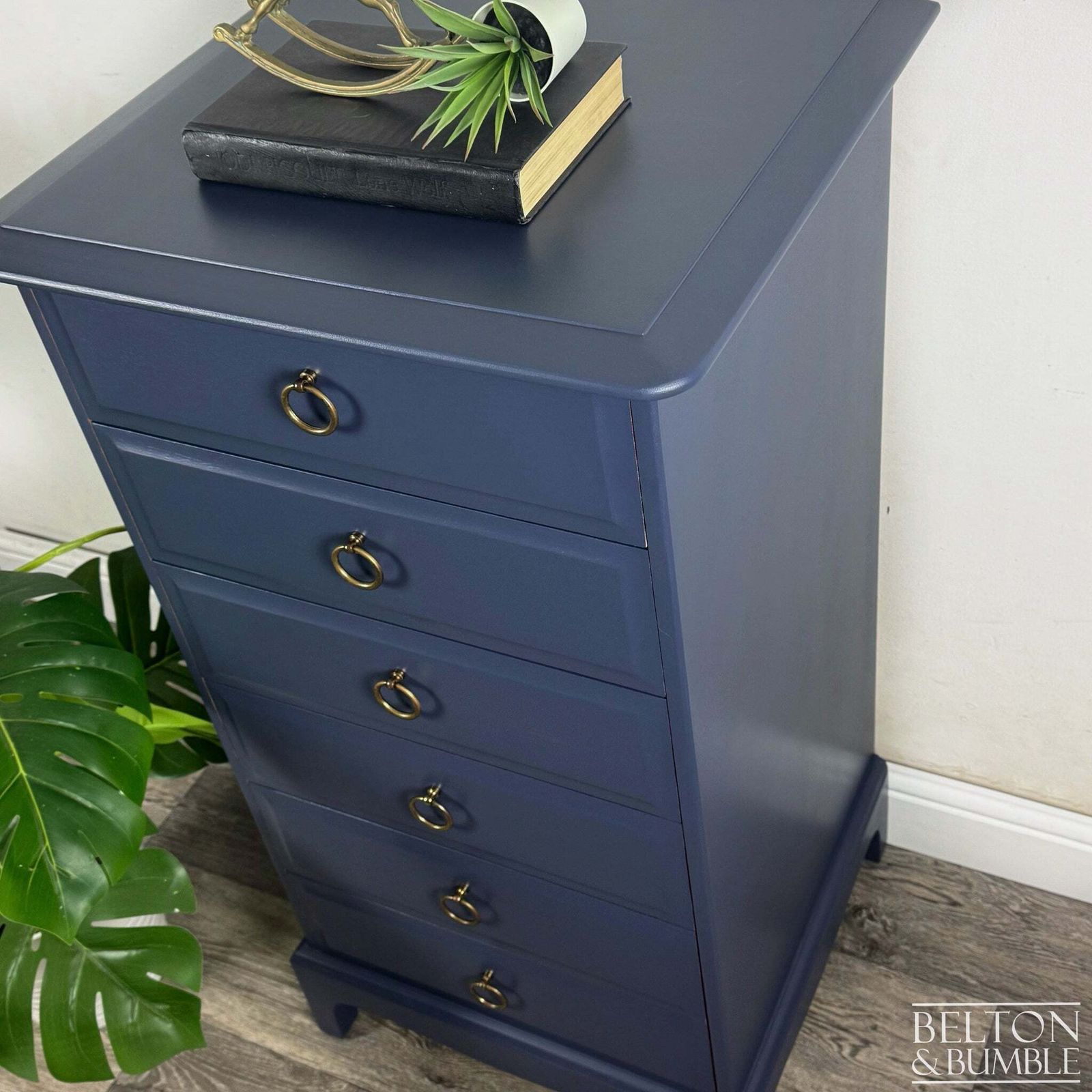 Stag Minstrel Narrow 6 Drawer Tallboy In Navy photo Furniture