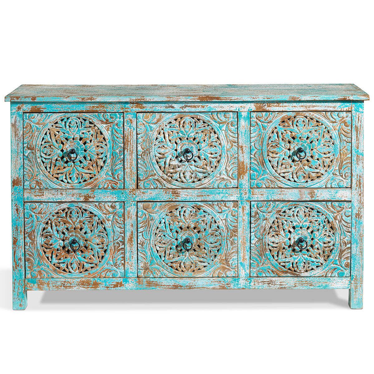 Carved Distressed Blue Six Drawer Chest photo for sale