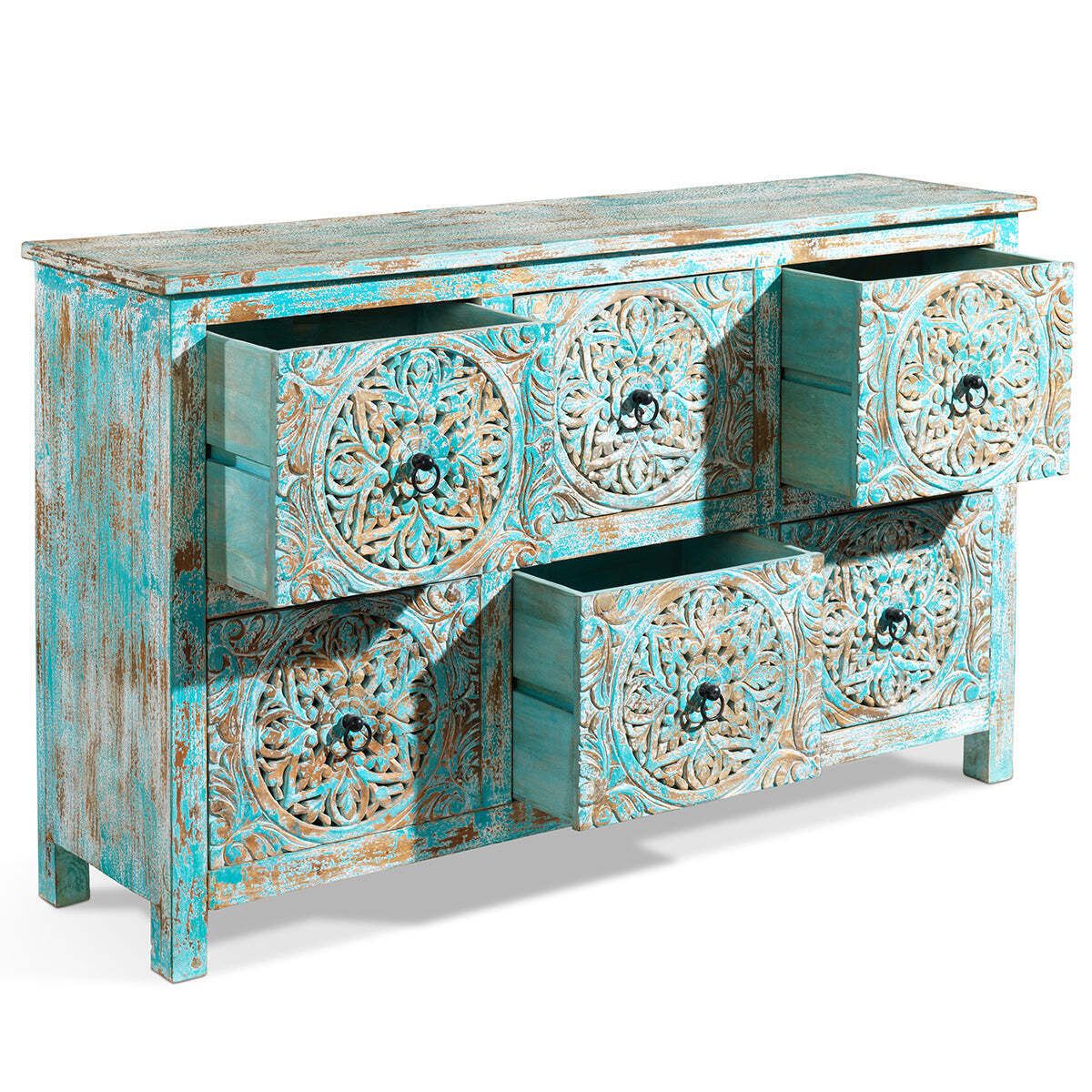 Carved Distressed Blue Six Drawer Chest photo Furniture