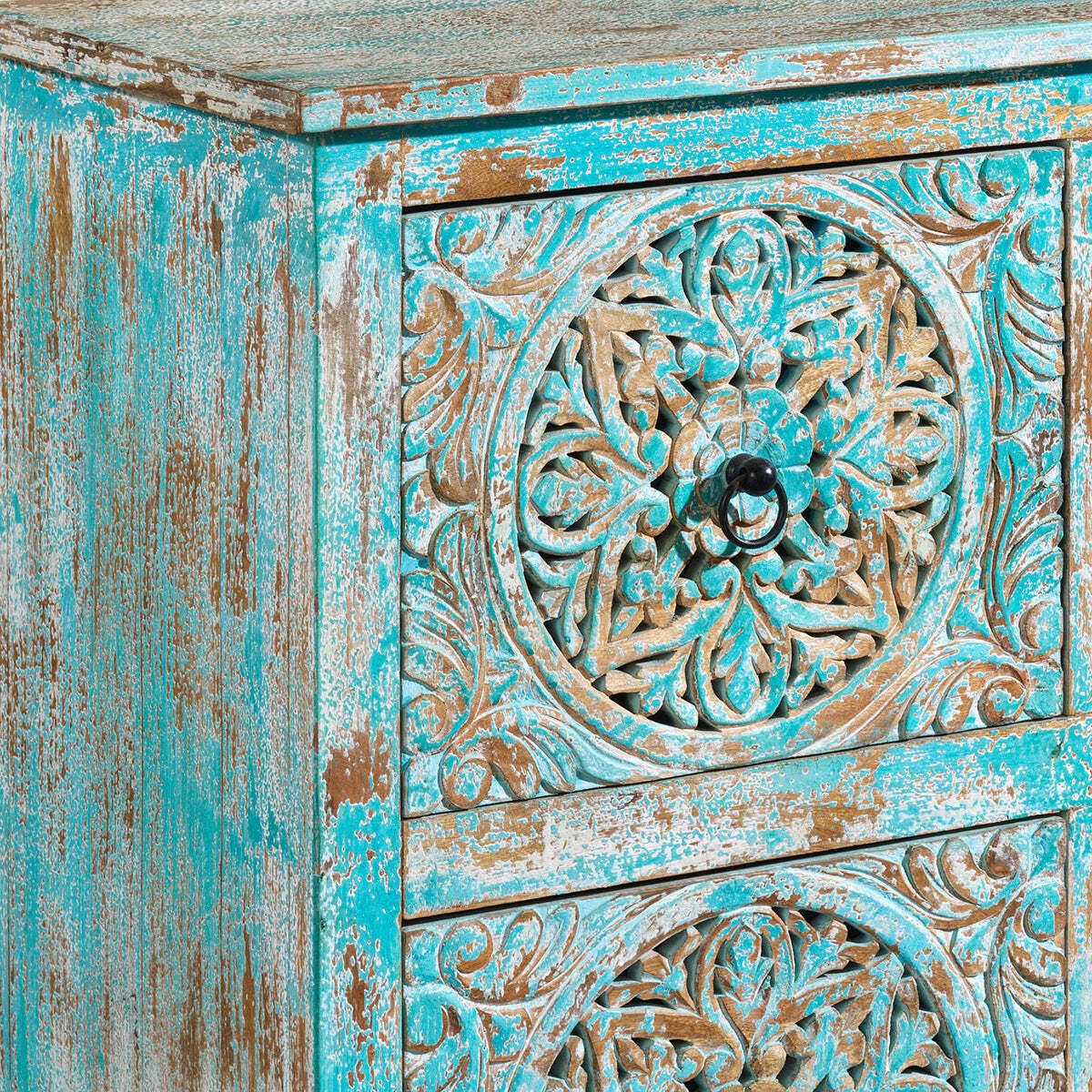 Carved Distressed Blue Six Drawer Chest photo vinterior