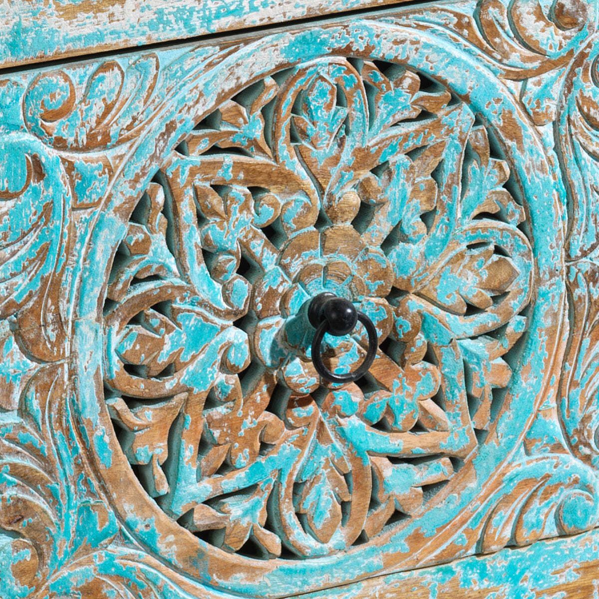 Carved Distressed Blue Six Drawer Chest photo vintage