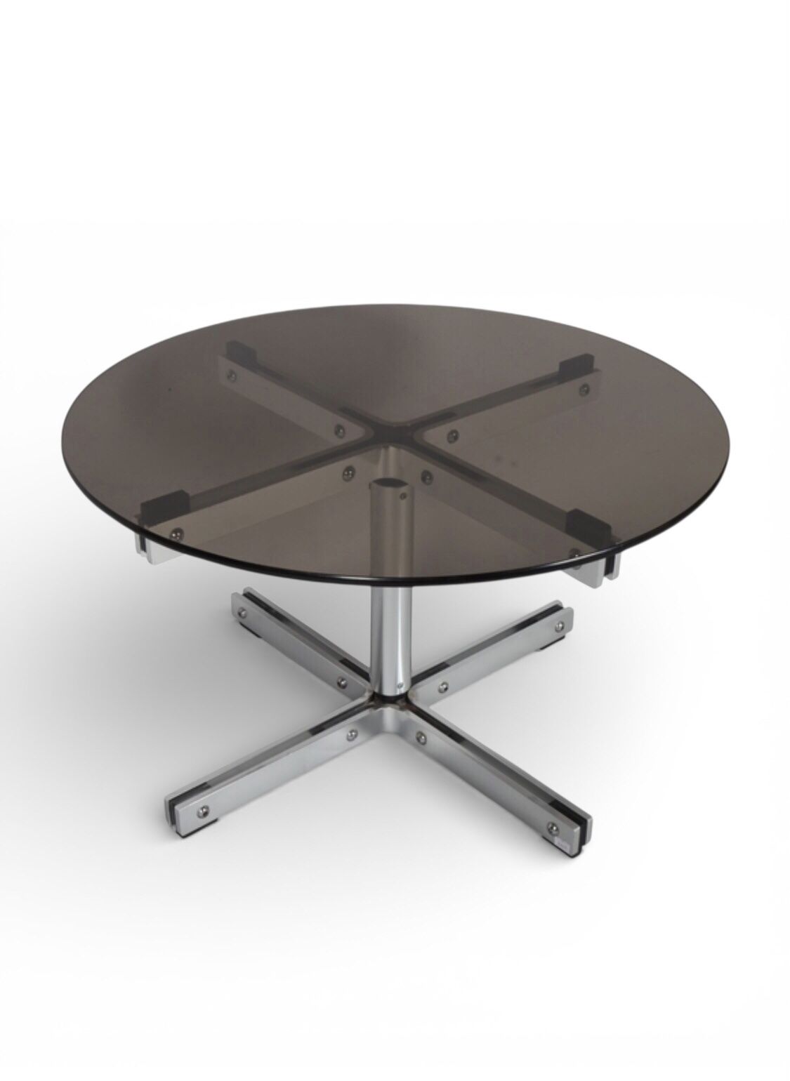 William Plunkett Round Glass 'X' Coffee Table  In Satin Steel photo furniture