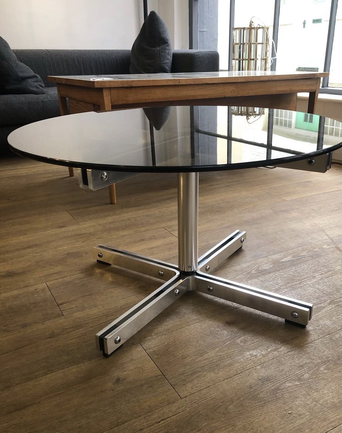 William Plunkett Round Glass 'X' Coffee Table  In Satin Steel photo for sale
