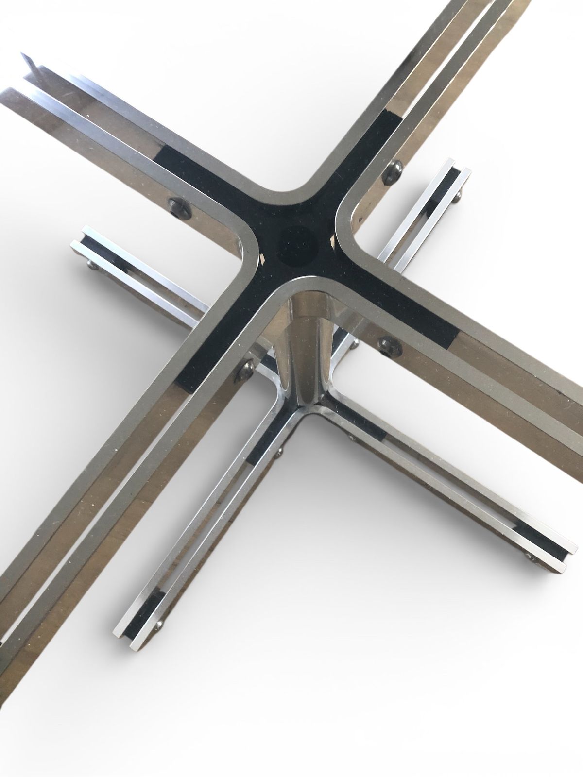 William Plunkett Round Glass 'X' Coffee Table  In Satin Steel photo 500.0