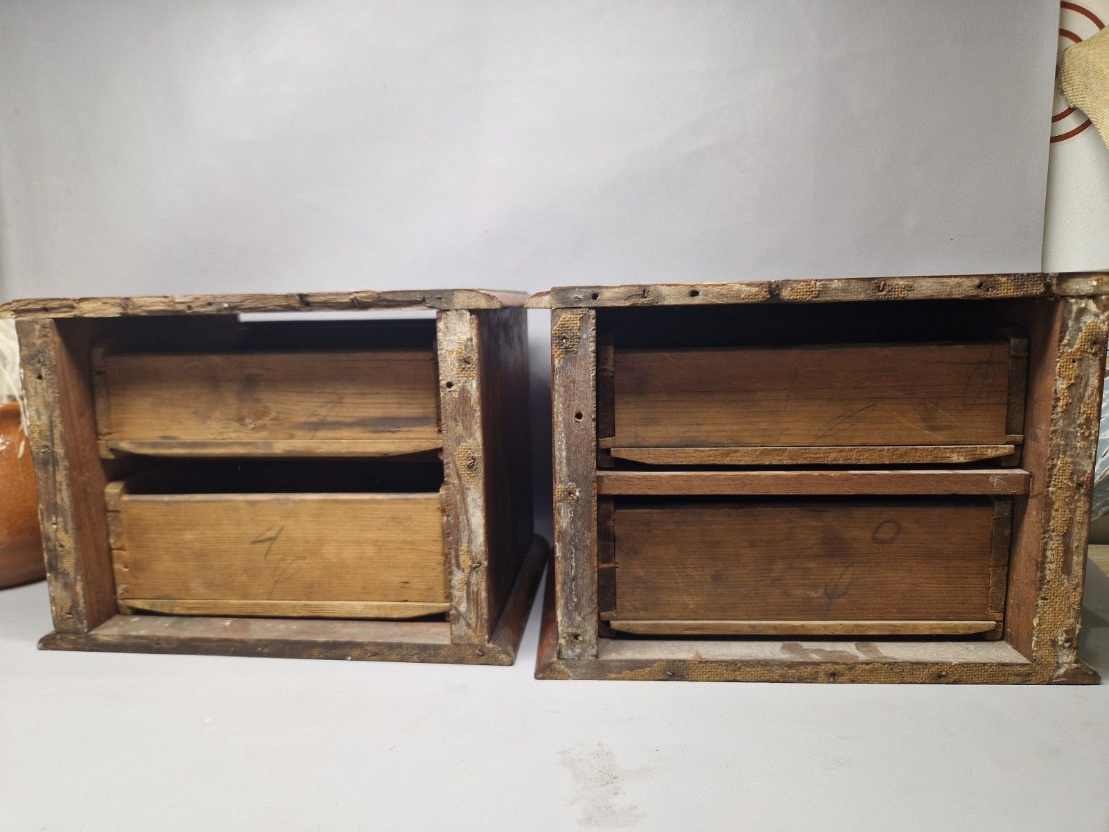 Furniture Antique Victorian Pair Of Apprentice Drawers Glass Knobs Collectors Table Top photo