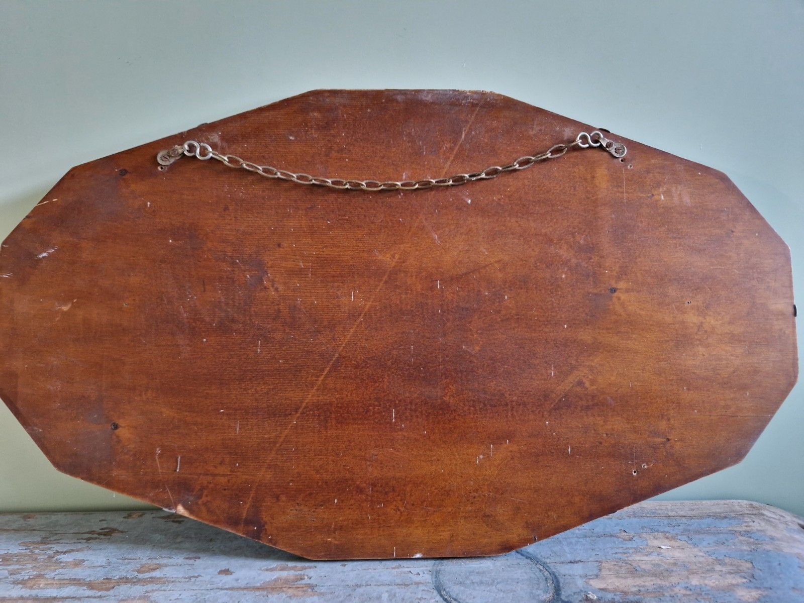 Art Deco Large Mirror Beveled Edge Faceted Clear Wooden Back With Chain 1930s photo vintage