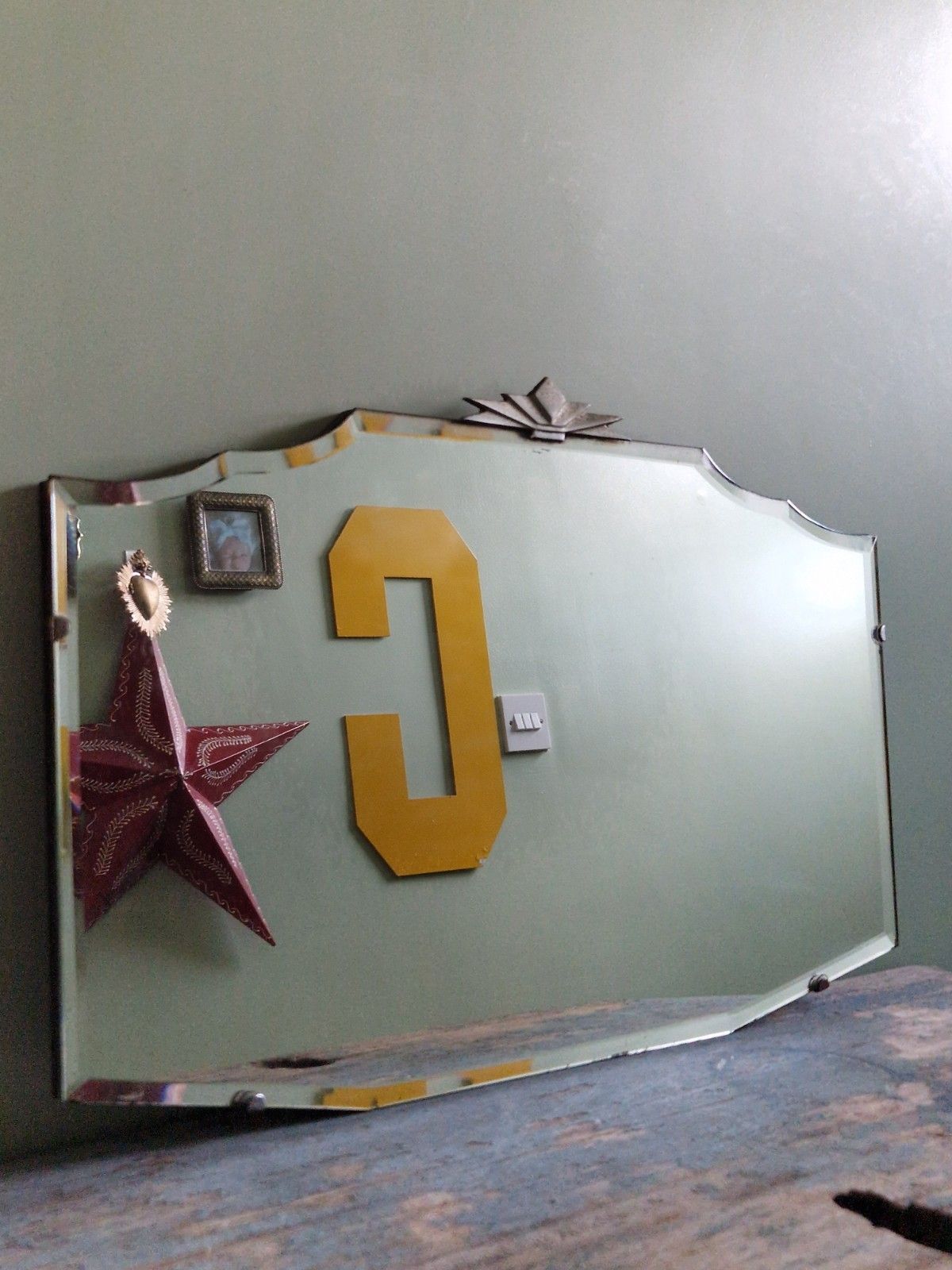 Art Deco Chrome Top Frameless Wall Mirror Wooden Back And Chain Original 1930s