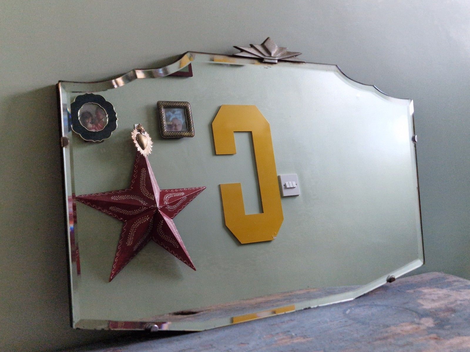 Art Deco Chrome Top Frameless Wall Mirror Wooden Back And Chain Original 1930s photo for sale