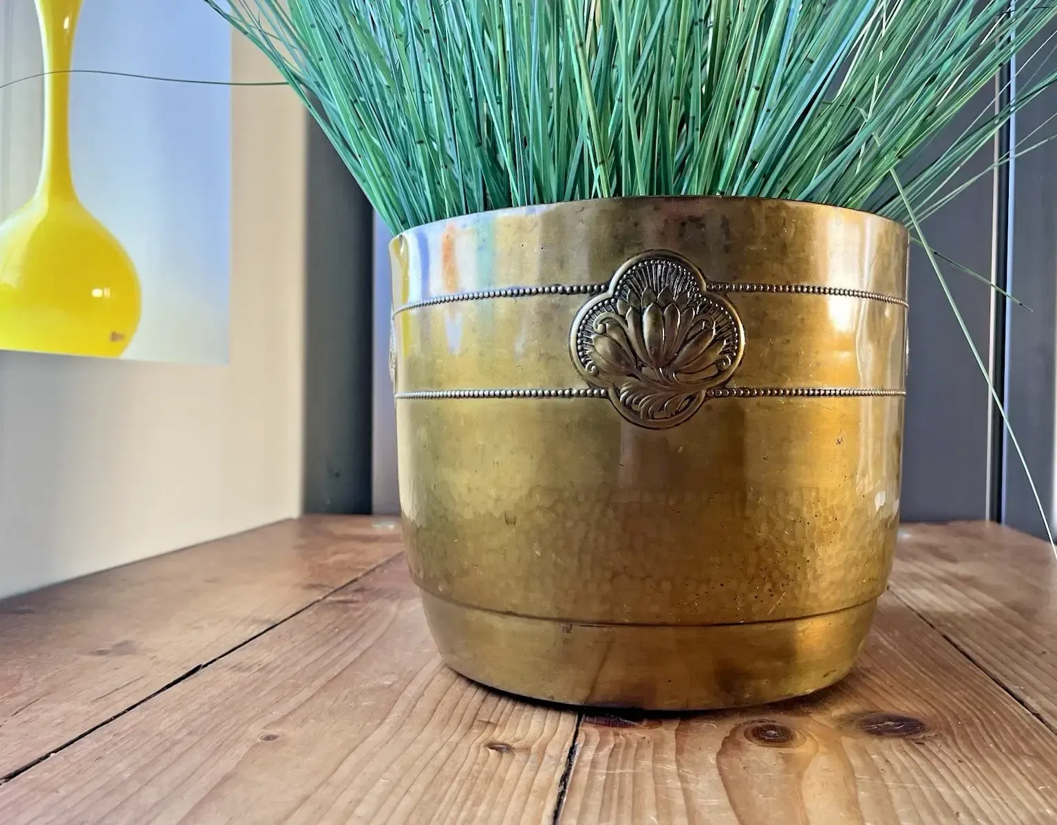 Antique Art Nouveau Lotus Flower Planished Brass Jardiniere Planter Plant Pot photo furniture