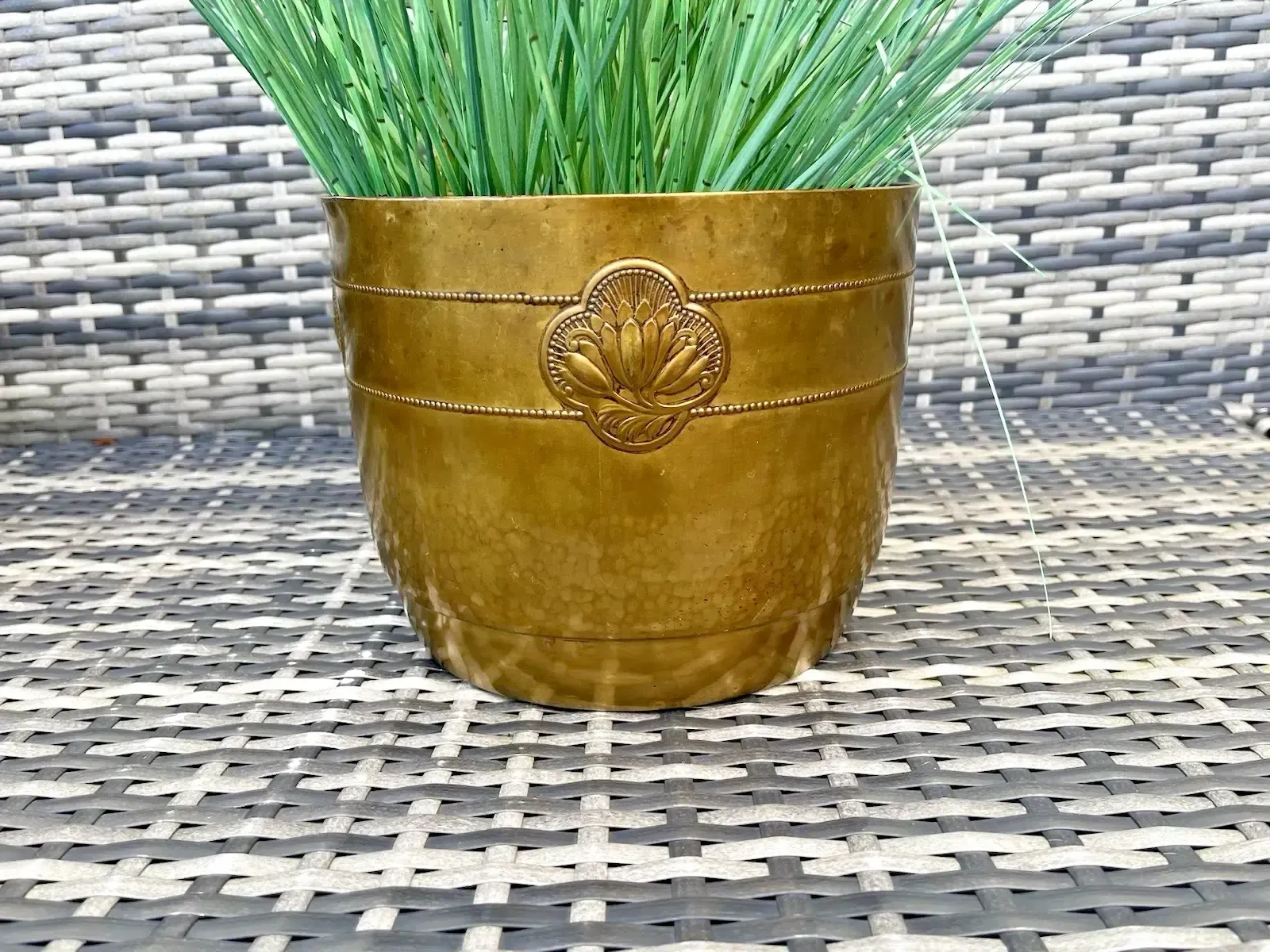 Antique Art Nouveau Lotus Flower Planished Brass Jardiniere Planter Plant Pot photo Home Decor